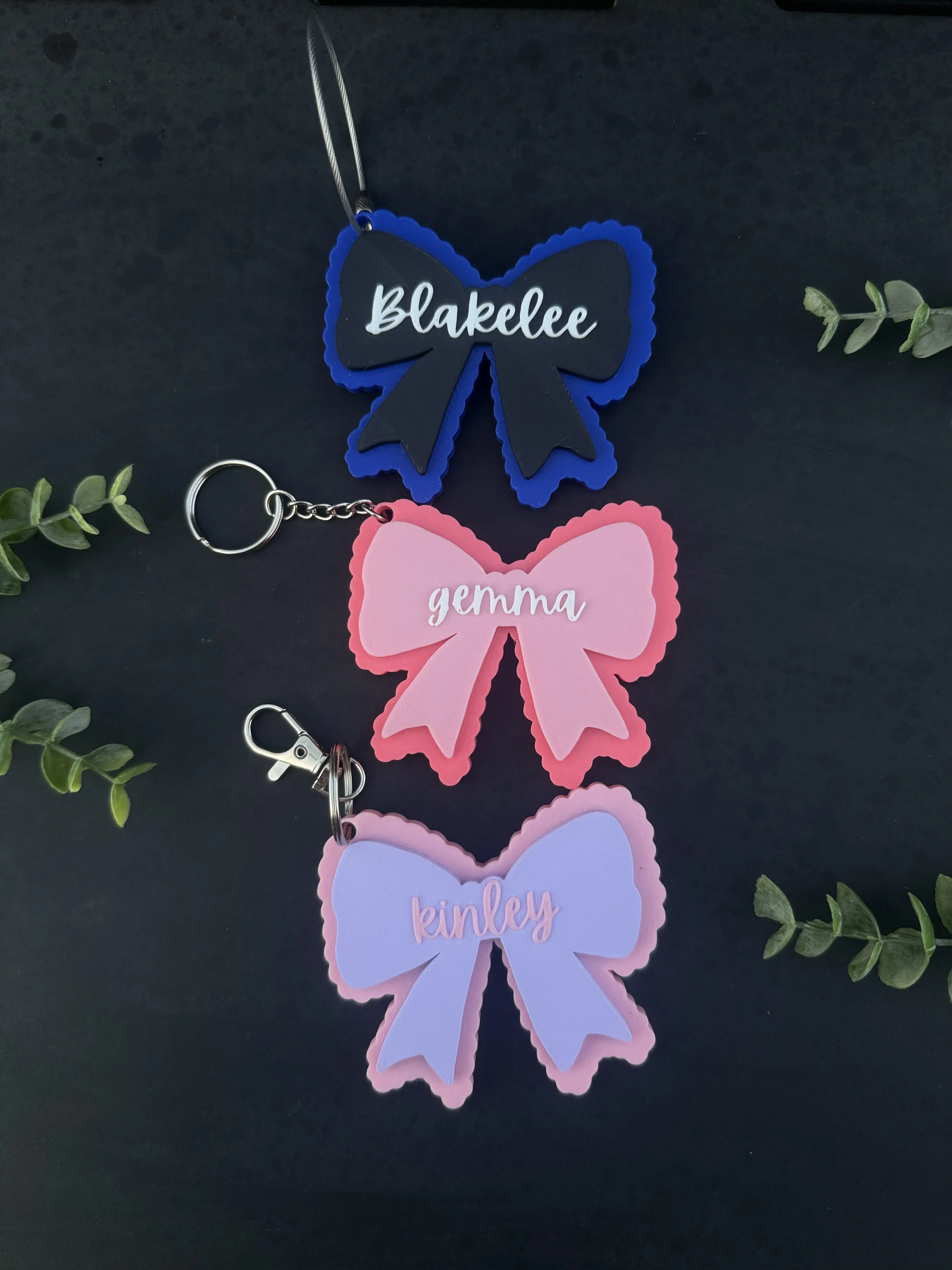 Personalized Bow Name Keychain – Custom 3D Printed Backpack Bag Charm