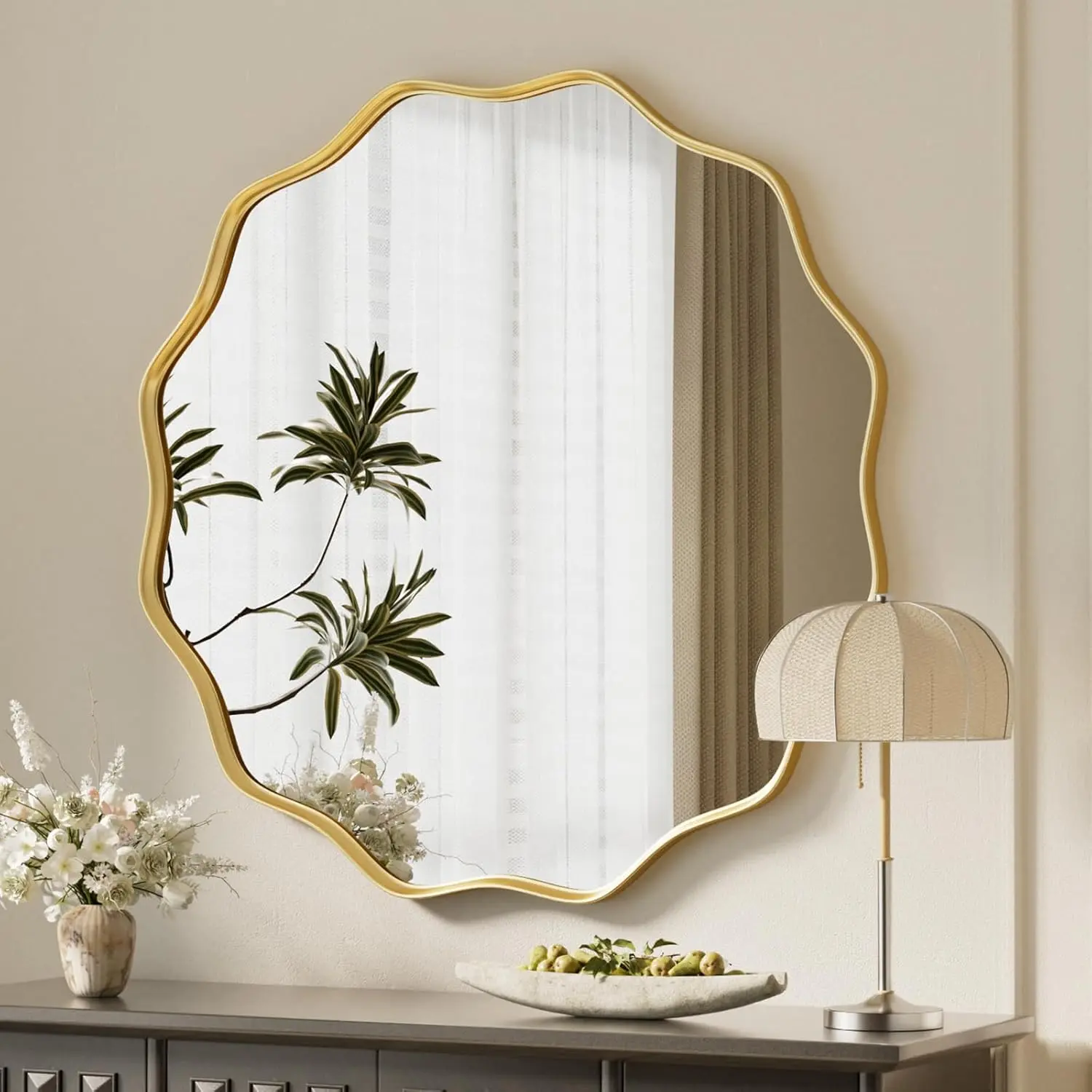 Scalloped Circle Mirror, 30" Wavy Edge Round Wall Mirror with Tempered Glass Textured Circular Metal Deep Frame, Hanging Leaning for Bathroom, Hallway, Entryway, Livng Room
