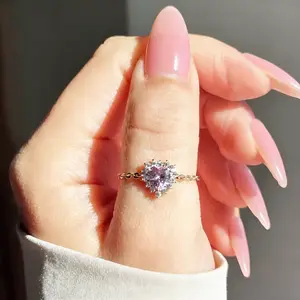 Adjustable Heart Pink Zircon  for Women, Dainty Gold Chain  with Cubic Zirconia, Romantic Fashion Jewelry Gift ring