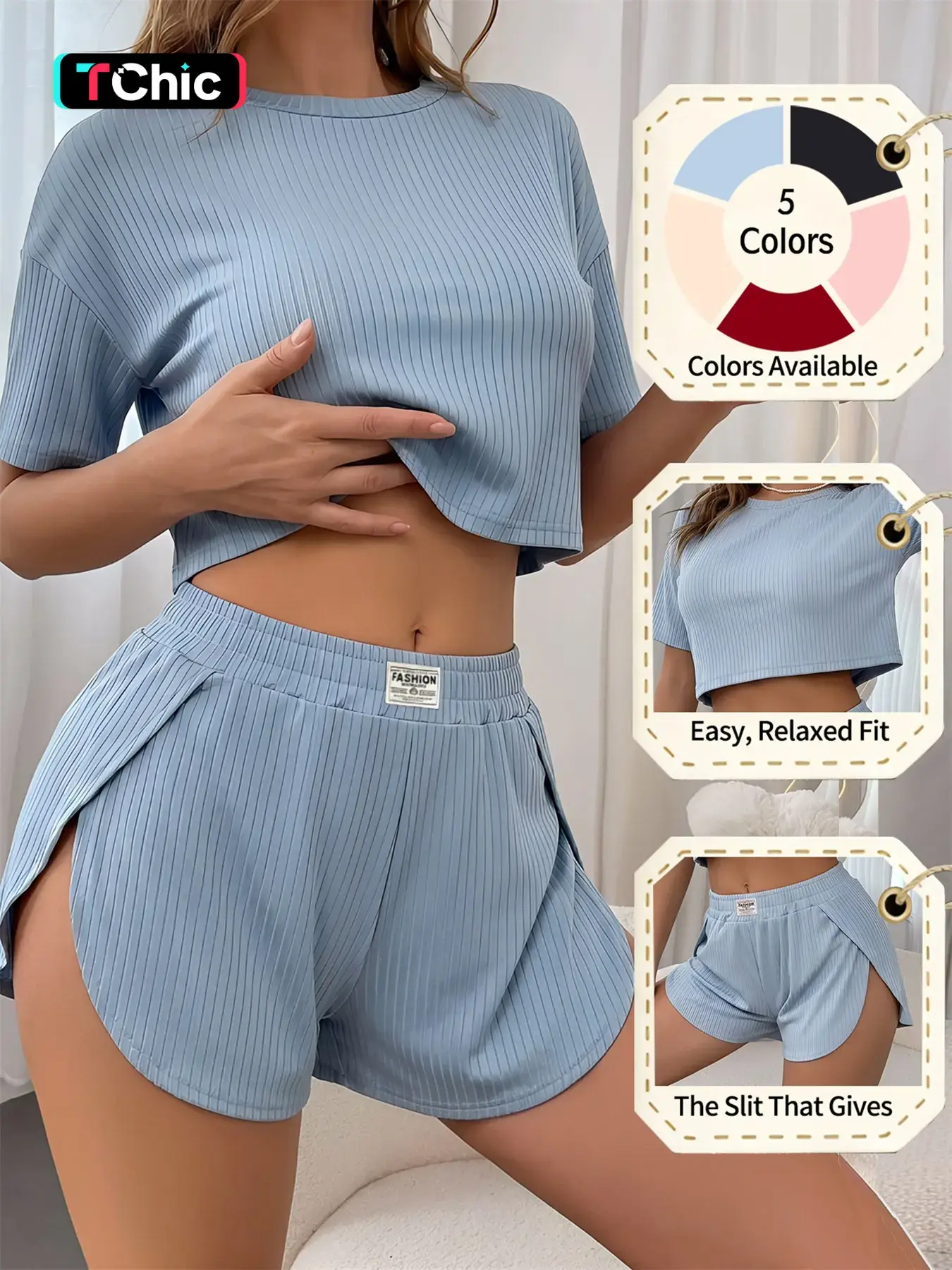 Women's Spring Summer Pajama Set, Pjs Plain Fitted Casual Lightweight Loungewear Sleepwear Homewear, Round Neck Short Sleeve Top, High Split Comfort Home