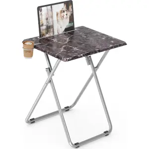 Folding TV Tray Table, TV Dining Table with Sturdy MDF Tabletop, Portable Folding Table with Cup Holder, No-Assembly Living Room Dining Tray, 15 x 18.9 x 25.6inch (Black Marble)
