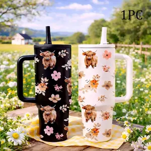 40oz Straw Handle Car Tumbler with Highland Cow Floral Print, Large Capacity Insulated Cup for Car Holder, Easy Sip Straw Lid, Comfortable Handle for Carrying, Keeps Drinks Hot or Cold for Hours, Aesthetic Country Style Design, Perfect for Daily Use, Comm
