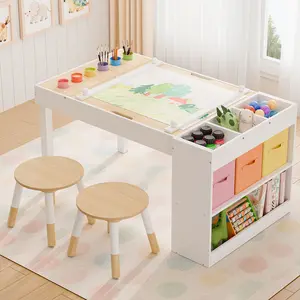 Multifunctional Kids Art Table & Chairs Set Toddler Painting Table and Chair Set Convertible Play Desk with Storage for Kids White
