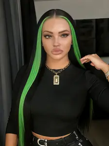 Black Long Straight with Green Stripes 13x4 Synthetic Lace Front Wig, Heat Resistant, Beginner & Daily Wear Friendly 24 Inch