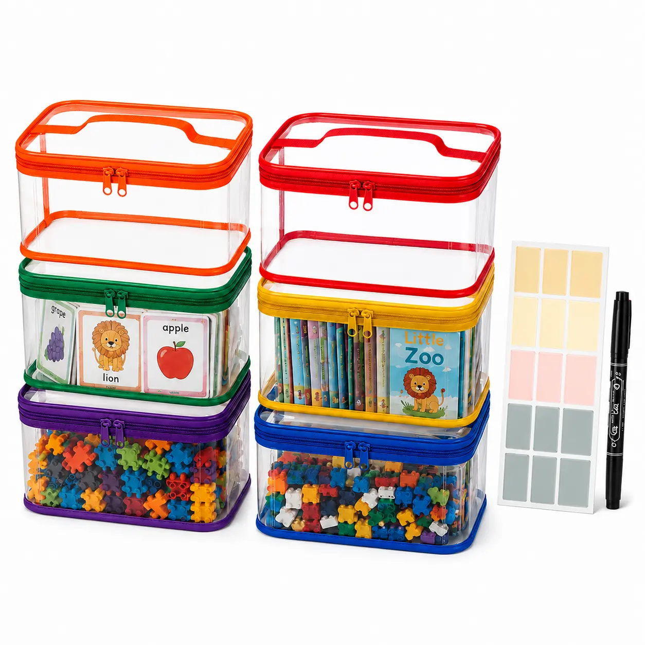 6-Pack Colorful Storage Bags with Labels and Marker, Clear Waterproof PVC Organizer Bags for Building Blocks, Puzzles