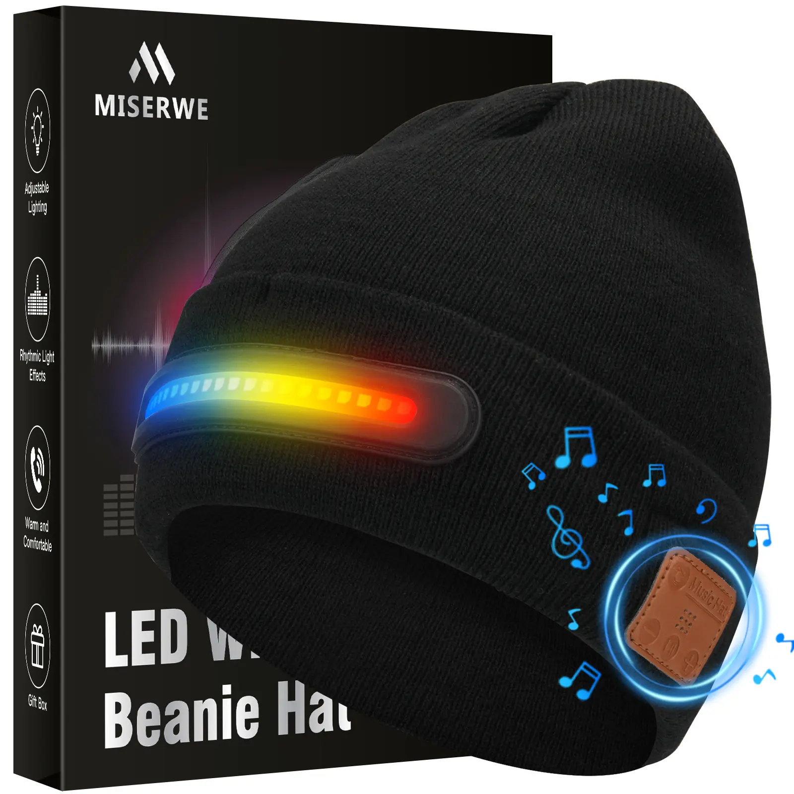 MISERWE Music Dance Light Beanie Hat, Unisex Rechargeable Headlamp Beanie with 20 LED Lights and Detachable Mic, Wireless Music Beanie Hat for Men Women Black