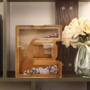 Wooden Letter Piggy Bank for Kids Boys Girls Large 26 Alphabet Personalized Custom Name Transparent Acrylic Panel Eco-Friendly Handmade Christmas Birthday Gift Home Decor