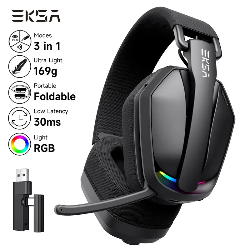 Ultra-Light Tri-Mode Wireless Gaming Headset, Gamer Headphones With Mic, USB/Type-C 2.4GHz, Foldable Bluetooth 5.4, Noise Cancelling Mic, PC/ps4/ps5/xbox, RGB Light