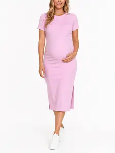 Women's Rib Knit Short Sleeve Raglan Midi Dress - Motherhood Maternity