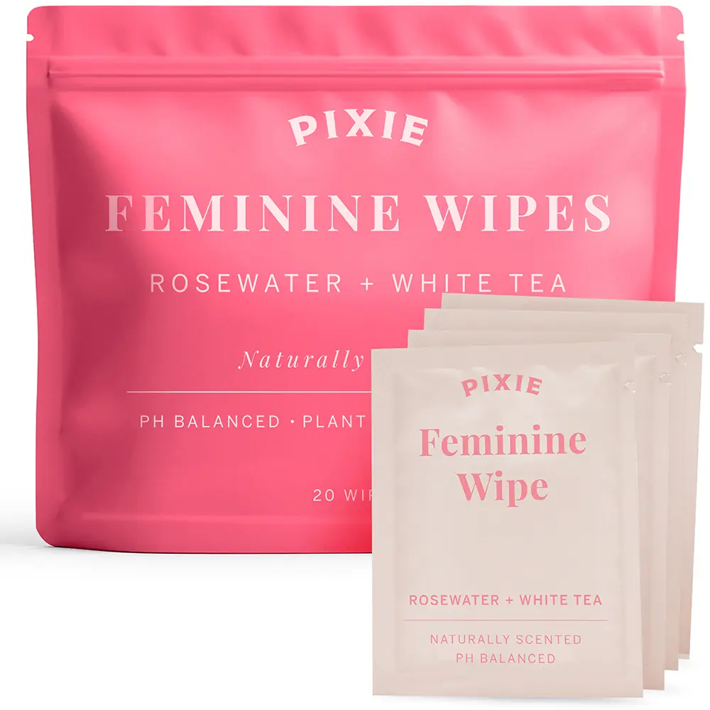Pixie Feminine Wipes – Naturally Scented Rosewater + White Tea – Flushable, Biodegradable & pH Balanced – Individually Wrapped Wipes for On The Go – Cleaner for Menstrual Cups & Discs (20 Count)
