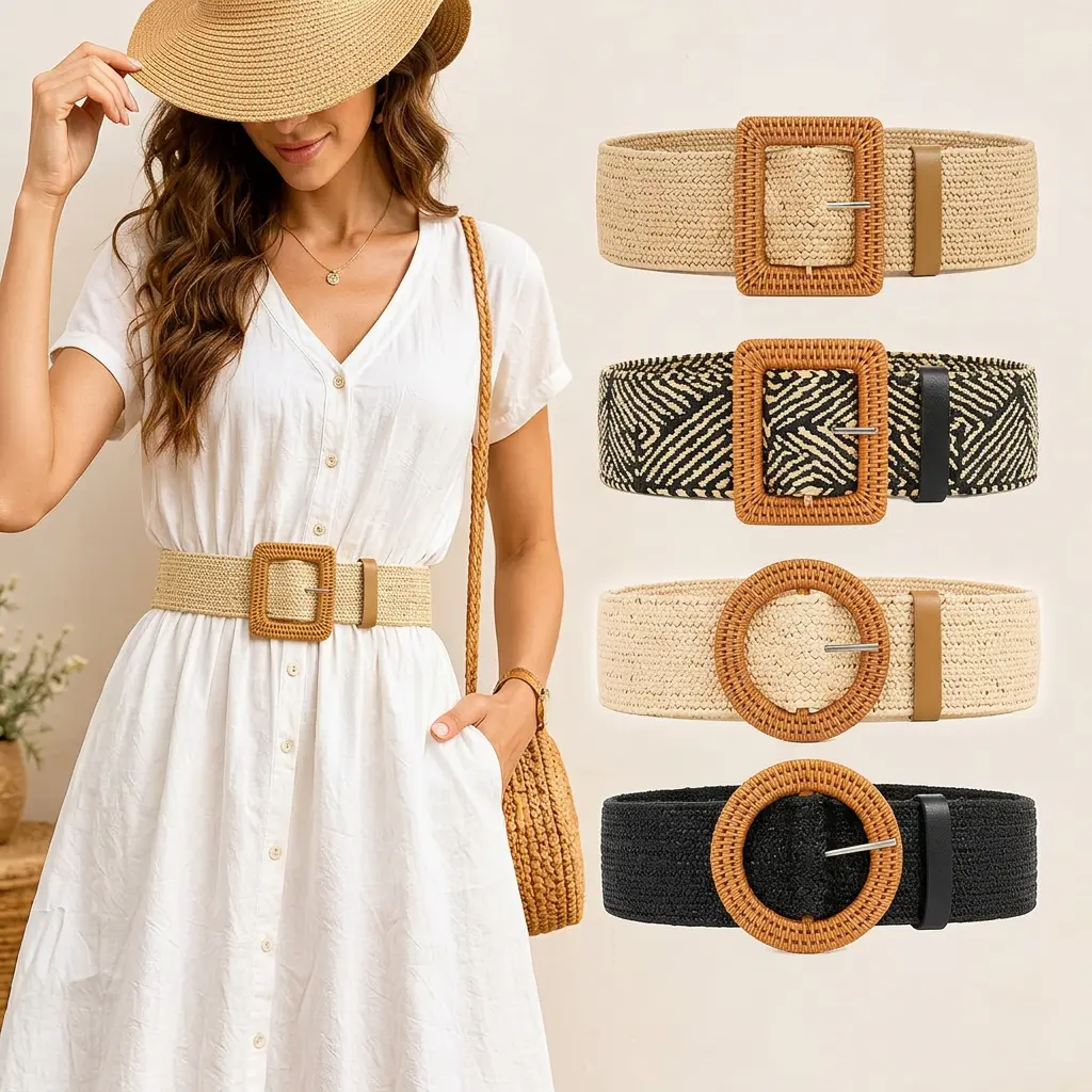 Elastic Belt for Women Straw Woven Elastic Stretch Waist Belt Women Skinny Dress Belt Belts for Women Dresses Boho Style Buckle#SummerVibes Stylish Waistband