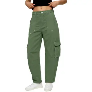 Aoysky Women's High-Waisted Wide-Leg Barrel Cargo Jeans - Simple Cotton Fabric Bottoms, Baggy Casual Cargo Pants with Pockets, Buttons | Women's Bottoms