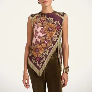 Ethnic Vintage Floral Print Women’s Clothing – Elegant O-Neck Blouse/Shirt with Tassels, Side Slit, Asymmetrical Hem, Sleeveless, Zip Closure for Summer