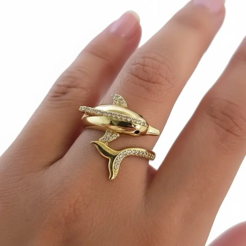 Yoan Jewelry Minimalist Dolphin Shape #1036 Ring - Gold-Plated Non-Natural Crystal Accents Ring for Daily Wear