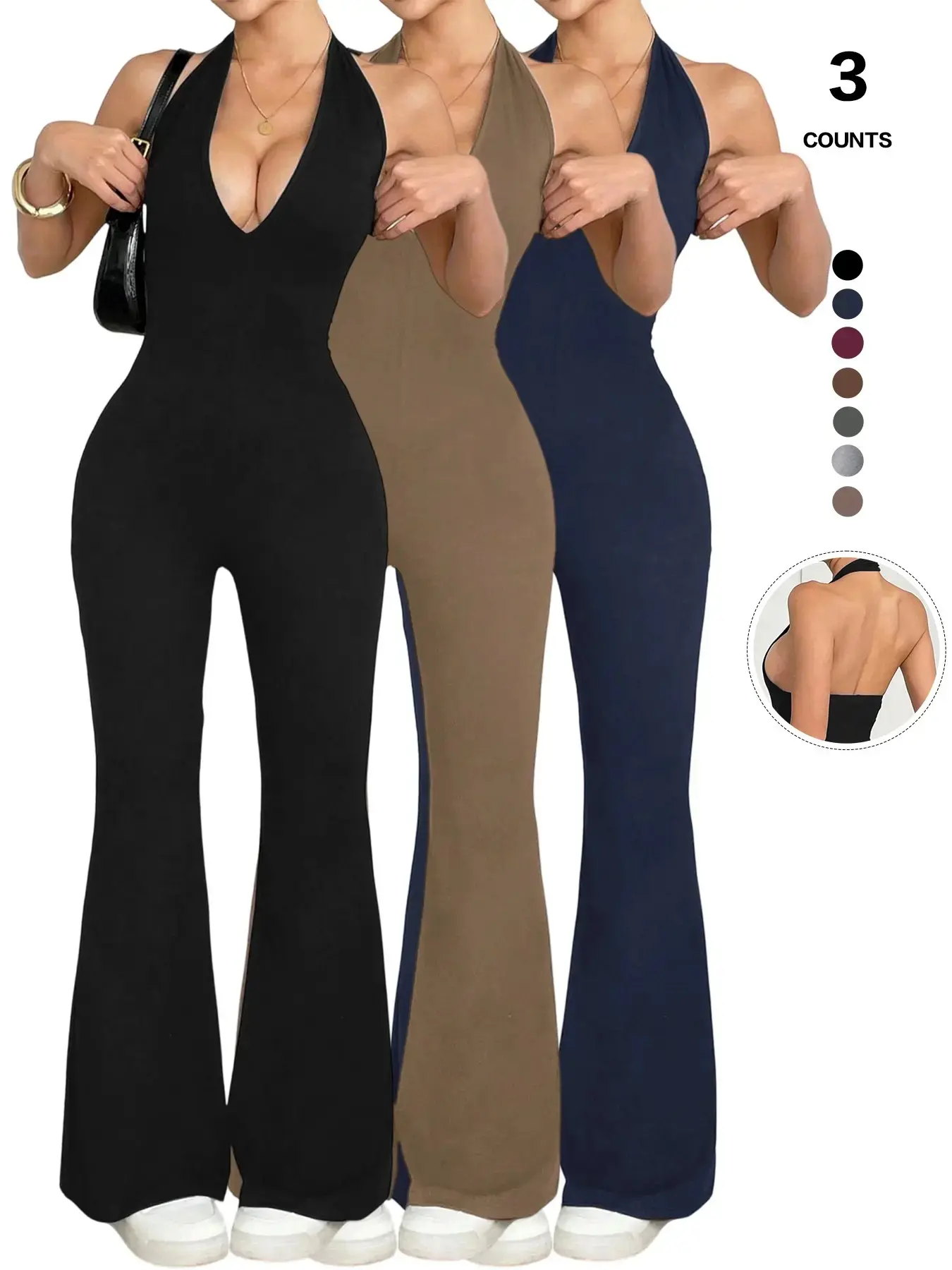 Women's Halter Neck Jumpsuit, Sleeveless Deep V Backless Chic Design, Flare Leg Romper for Casual Wear, High Waist Fitted Style