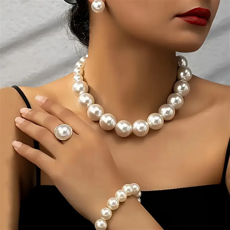 5pcs/set Women's Large Imitation Pearl Earrings Necklaces Bracelets Rings Elegant Jewelry Sets Party Holiday Gifts