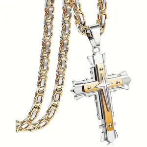 18K Gold Plated 316L Stainless Steel Men’s Cross Pendant Necklace with 24-Inch Byzantine Cuban Chain - Hypoallergenic Religious Jewelry, Spiritual Gift for Him, Stylish & Durable Design