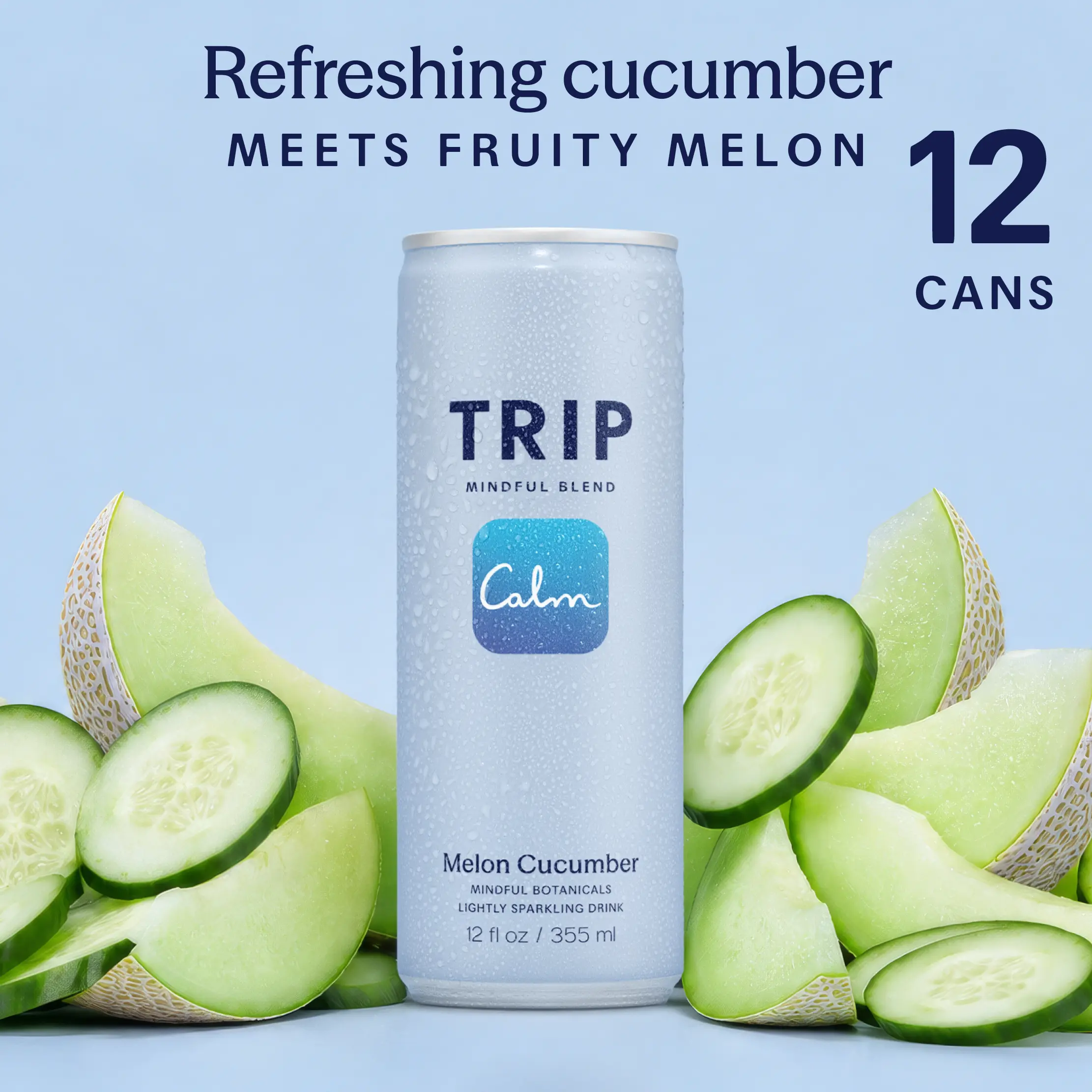 TRIP Melon Cucumber Sparkling Magnesium Drink — 120mg Magnesium, Ashwagandha, Lion's Mane, L-Theanine, Non-Alcoholic, Low Calorie, Vegan (12-Pack, 12oz)