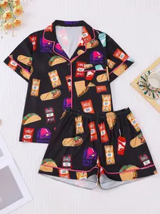 2-piece set, full-body beverage-themed potato chips meat roll beef patty printed short-sleeved shorts, Fitted, comfortable, soft, skin-friendly top with small pockets, button closure, elastic waistband, suitable for year-round casual wear, home wear