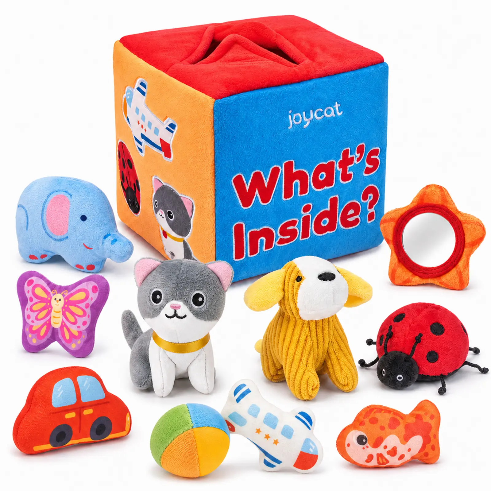 JoyCat Cute Soft Mystery Box Baby Toys - 10 Objects (Rattle, Crinkle Paper, Mirror) with Soft & Safe Design, Play Essentials for 6-12 Months Infants, Gift-Ready Box, Perfect On-The-Go Play, Holiday Basket Stuffers, Guangzhou Shoujia Electronic Technology