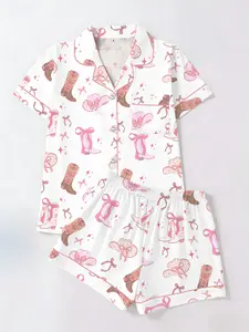 Spring Summer Women's Cardigan Lapel Short Sleeve Shorts Set, Western Style Printed Casual Home Wear, Loose Fit Comfortable Sleepwear Loungewear Pjs Pajama Set, Nightwear Loungewear Set