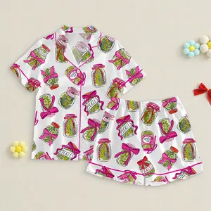 Pickle Pink Bows Pajama Set, Women’s Pickle Lover Pink Bows Pajama Set, Sleepwear Gift, Satin Pajama Set, Gift For Her