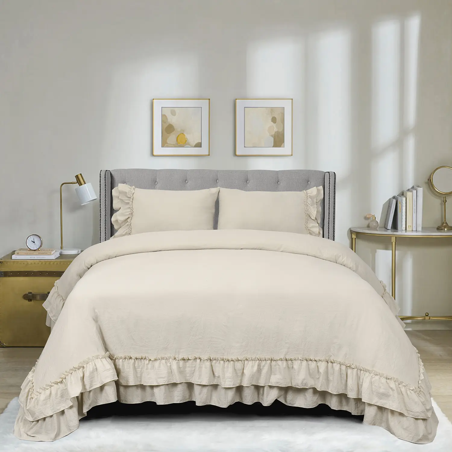 HIG 3 PCS Duvet Cover Set with 2 Layer Ruffle, Frilly Feminine Comforter Cover for Boudoir, French Country Washed Microfiber Bedding Set