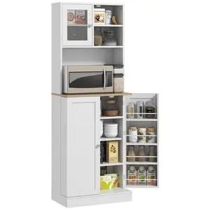 HOMCOM 67" Kitchen Pantry Cabinet with Microwave Shelf, Adjustable Shelves & 8 Door Storage, Modern Compact Kitchen Hutch, Freestanding Food Storage Cabinet with Glass Door for Dining Room, White