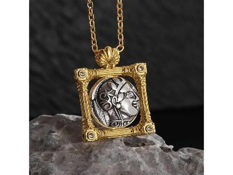 DYFUHO Athena and Owl Greek Myth Necklace for Women, Antique Double-Sided Gold Color Square Medallion on a Long Chain, Chain Jewelry Necklaces, Female, Greek Myth Athena And Her Owl, Greek Mythology Theme, 17G/0.60 Ounces