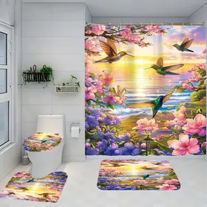1/4 piece forest hummingbird design bathroom set, Shower curtain sets, including soft floor mat, toilet seat cushion, shower curtain, with good rebound, water absorption, anti slip, preferred for gift giving