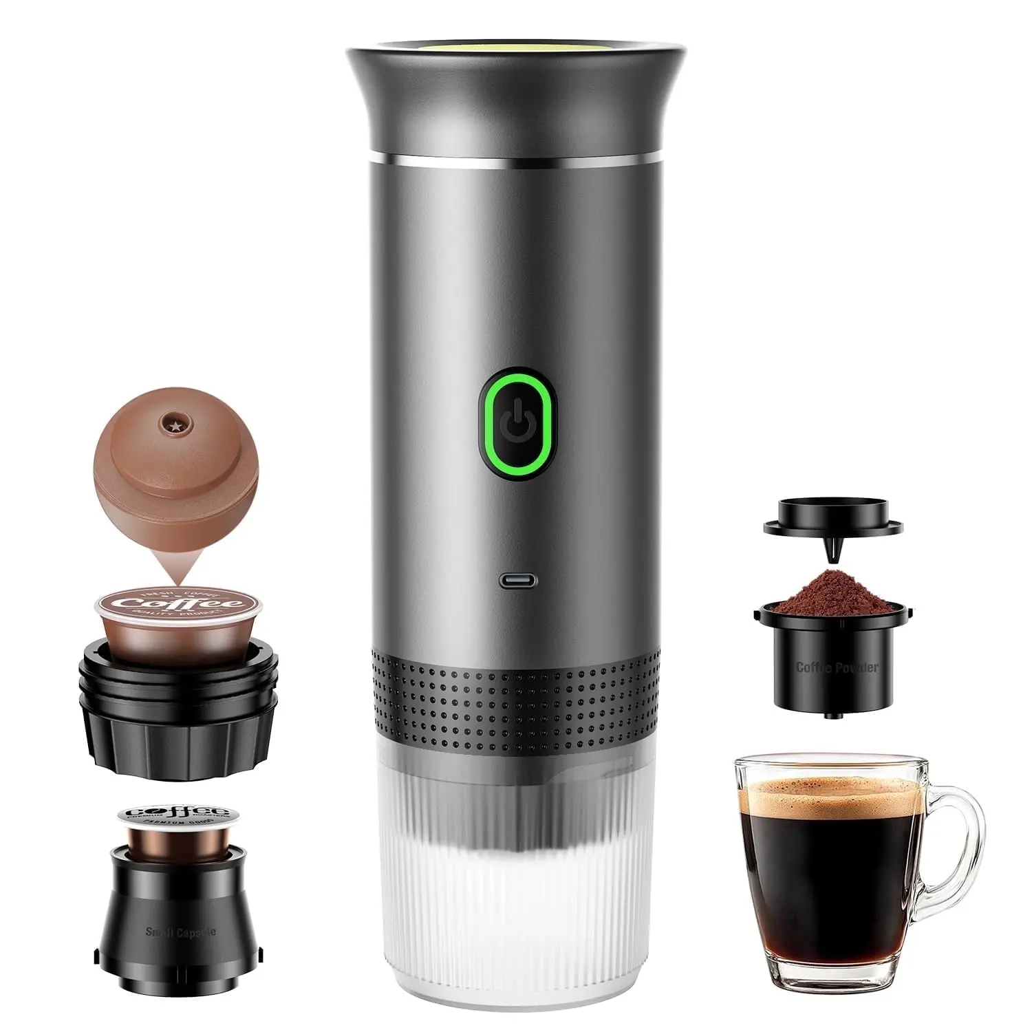 TINANA Portable Espresso Machine for Travel, 3-in-1 Mini Coffee Maker with USB-C, Compatible with NS/DG Capsules/Ground Coffee, 20 Bar, Ideal for Camping, Car, Office & Gifts, Gray