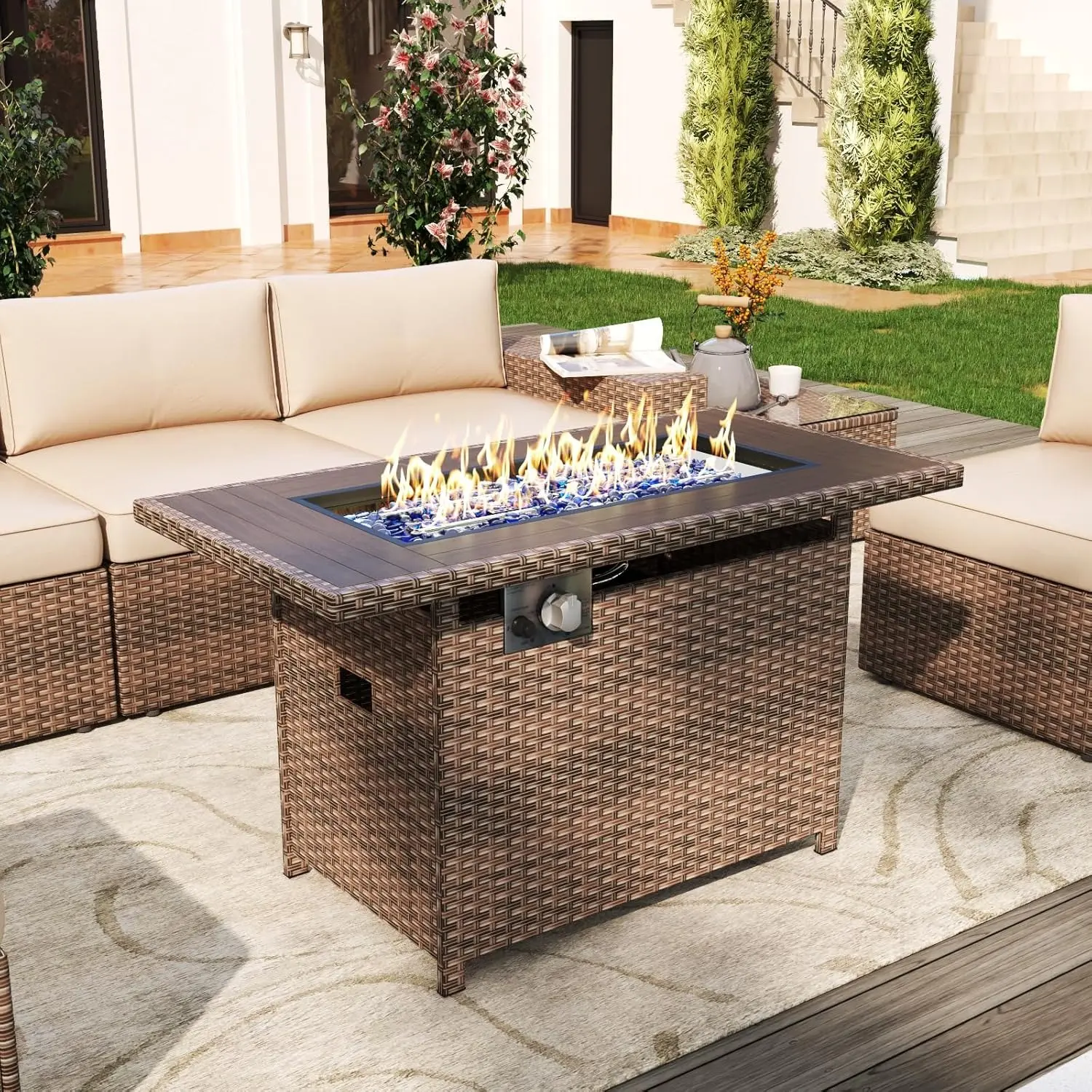 Aoxun Outdoor Patio Furniture with Fire Pit Table, 50,000 BTU Wicker Gas Fire Pits with Lid, 44'' Propane Gas Firepit Table for Backyard, Poolside, Garden (Yellow) Fire Pit Set Tabletop Fire Pit