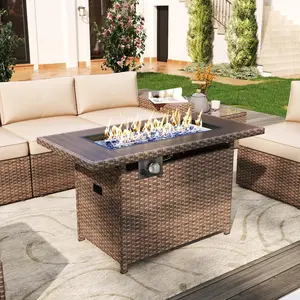 Aoxun Outdoor Patio Furniture with Fire Pit Table, 50,000 BTU Wicker Gas Fire Pits with Lid, 44'' Propane Gas Firepit Table for Backyard, Poolside, Garden (Yellow)