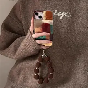 Vintage Colorblock Protective Phone Case Cover with Fur Ball Chain, Hollow Out Design, Cellphone Casing, Fits Apple iPhone 11 12 13 14 15 16 17 Pro Max, Casing, Accessories
