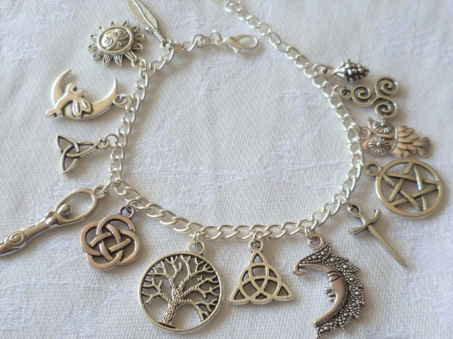 September Laurel  Vintage Witch Charm Bracelet, Silver-Tone Pagan Wicca Jewelry with Tree of Life, Sun, Moon, Pentacle, Owl & Celtic Knot Charms, Dark Gothic Boho Celestial Mystical Bracelet, Gift for Women & Men