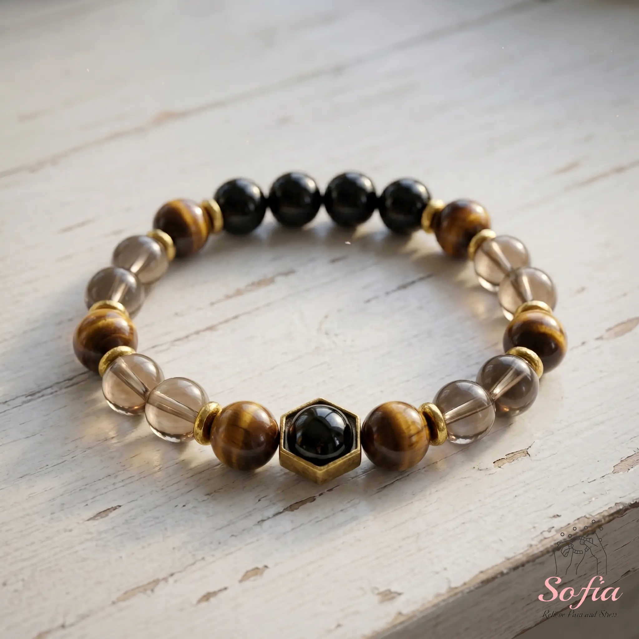 Protection Bracelet - 10mm Tigers Eye Obsidian Smoky Quartz Stone Bracelet - Boho Jewelry Stackable, Layering