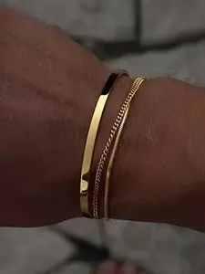Stainless Steel Bracelet Set 3 Pcs Fashion Plain Stackable Cuff Bracelets for Men and Women Multilayered Bangles Cuban Snake Chain Design for Daily Wear Party Jewelry Valentine's Day Gift