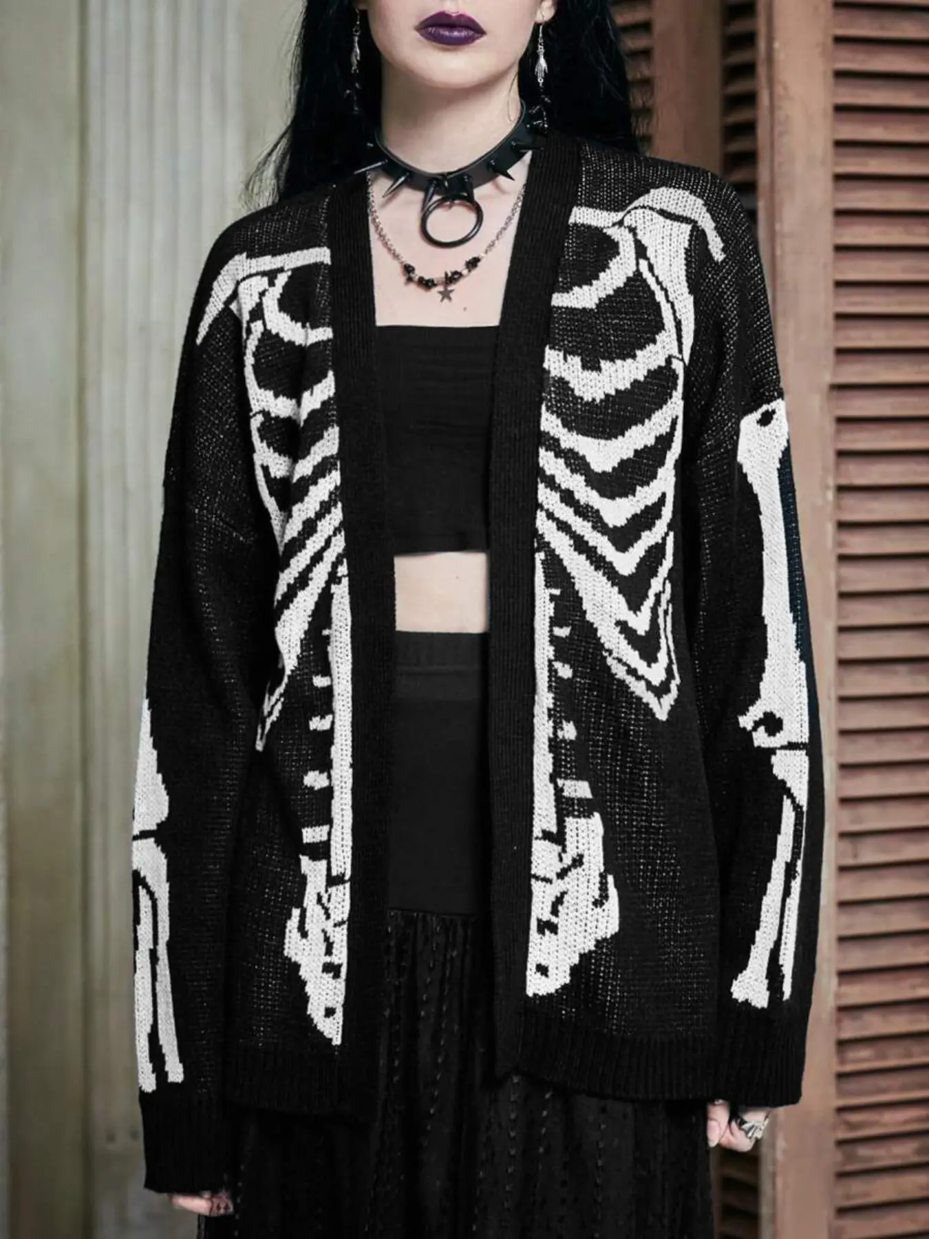 【Plus Size】 Halloween Skeleton Print Cardigan, Gothic Punk Casual Long Sleeve Open Front Knitwear for Fall & Winter, Women's Clothing for Daily Wear, Knitting Sweater Cardigan, Knit Cardigans