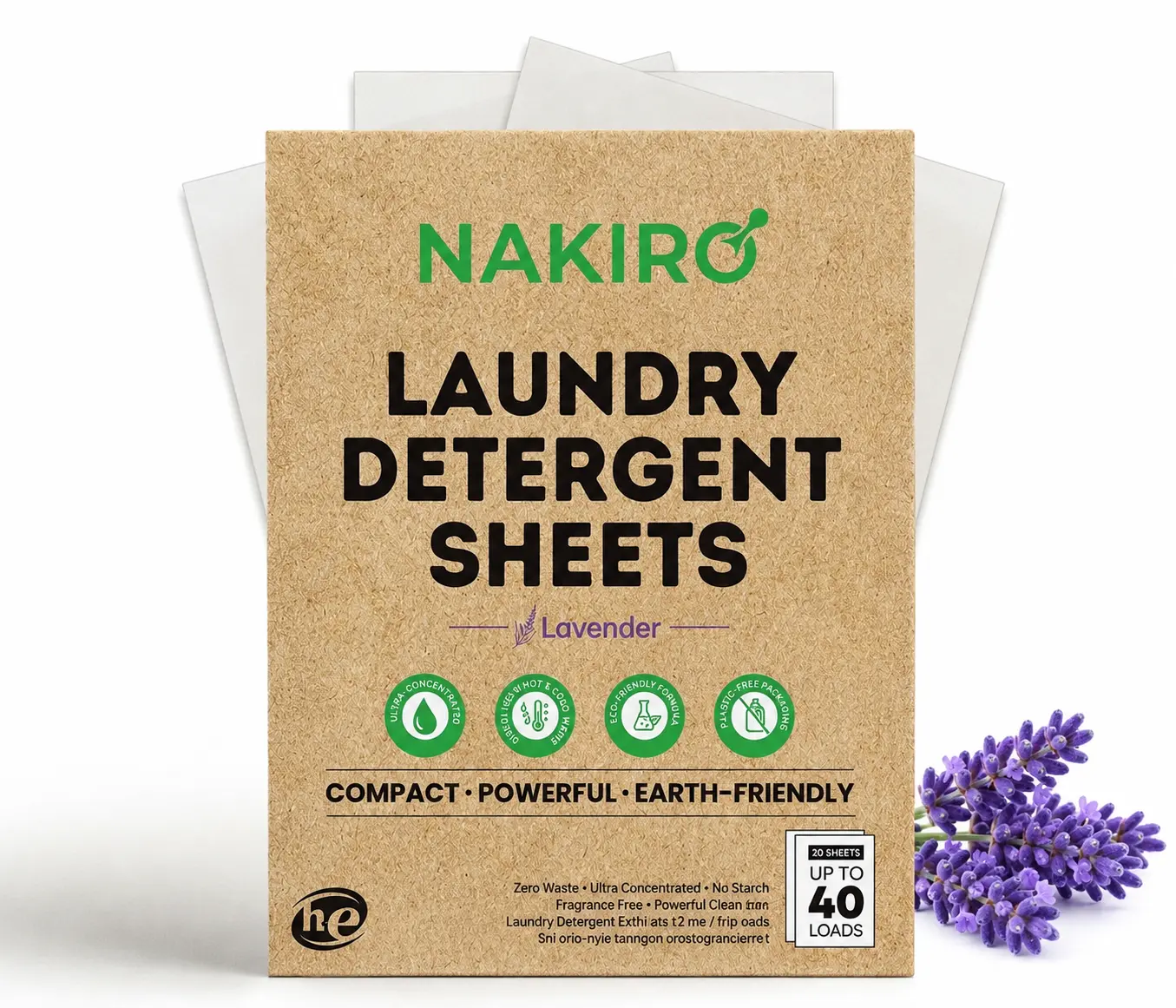 Nakiro Eco-Friendly Lavender Laundry Detergent Sheets - Solid, Biodegradable, HE-Safe, Instantly Dissolving, 20 Sheets (40 Loads) for Baby Laundry Care, Sheet