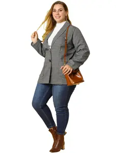 Agnes Orinda Plus Size Plaid Lapel Jacket Work Office Single Breasted Blazers