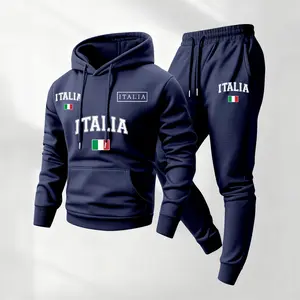 Men's Italy Printed Hoodie and Drawstring Sweatpants Set, Menswear, Casual Athletic Long Sleeve Hooded Jacket & Trousers for Fall & Winter, Men's Clothing for Daily Wear, Sportswear Indoor Outdoor, Tracksuit, Athleisure Summer Clothes