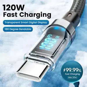 120W 4ft USB C to USB C Cable Fast Charge, Nylon Braided Cable with LED Display for lPhone 16/15 Pro/15 Plus/15 Pro Max,lPad Air,MacBook Pro,Galaxy S24/S23, Pixel, LG (Black)