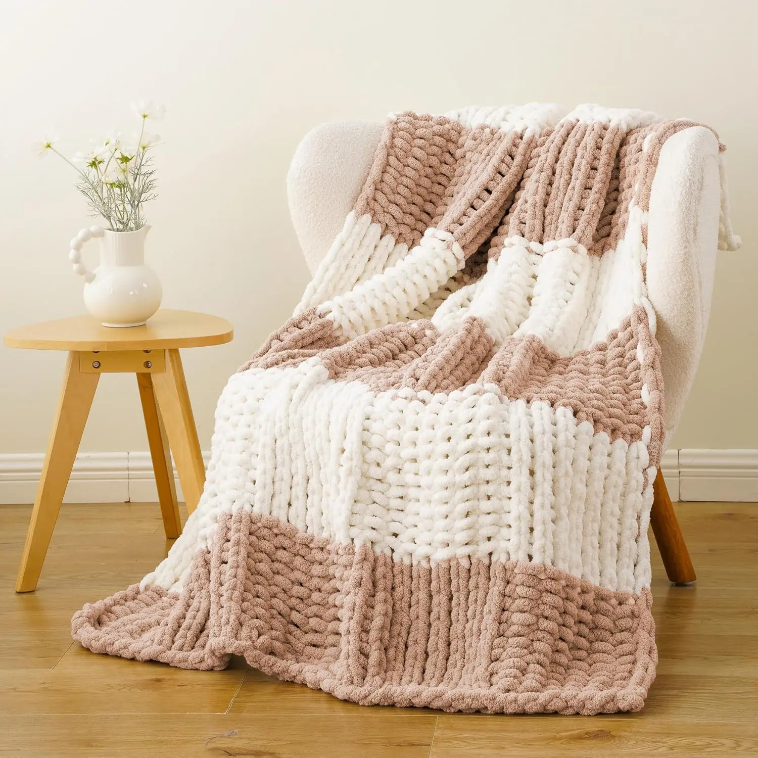 Chunky Knit Throw Blanket, Soft and Thick Chenille Throw Blanket, 50"x60"   Knit Crochet Blanket, Super Cozy Chunky Knot Throw Blanket for Couch Sofa  Decor, Blush & White