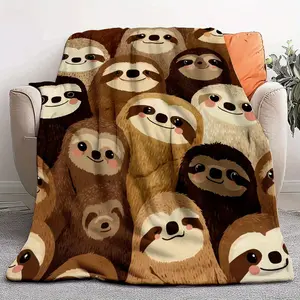 [1pc Sloth Print Blanket] 1pc Soft Plush Sloth Print Flannel Throw Blanket Cozy Brown & Cream All-Season Indoor & Outdoor Use Adorable Sloth Faces Design for Bed, Couch, or Camping Playful Design-280GSM,summervibes
