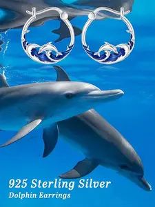 S925 Silver Dolphin Earrings, Hoop Shape Earrings, Ocean-Themed Beach Vacation Essential, Perfect Gift for Girlfriend/mother Birthday, Includes Gift Box
