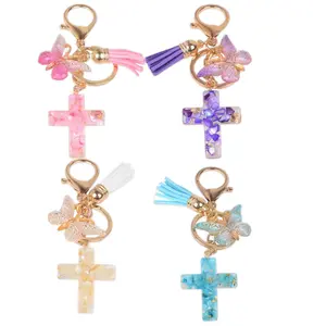 New Butterfly Fringe Crystal Drop Glue Stone Cross Keychain Christian Cute Resin Keychain for Bags Shoes with Colorful Tassels Pink Purple Yellow Blue Options