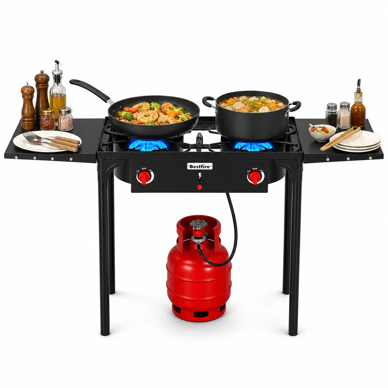 BESTFIRE 150K BTU 2-Burner Cast Iron Propane Stove – Heavy Duty Portable Cooker with Foldable Legs, Side Shelves & 0-20 PSI Adjustable Regulator, for Camping, BBQ, Turkey Frying, Seafood Boil & Large Pots