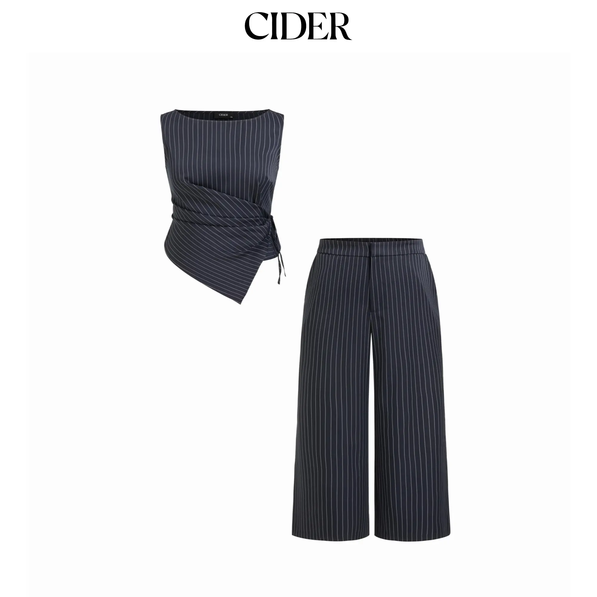 Cider Boat Neck Striped Wrap Knotted Top & Mid Rise Wide Leg Trousers Set Curve & Plus