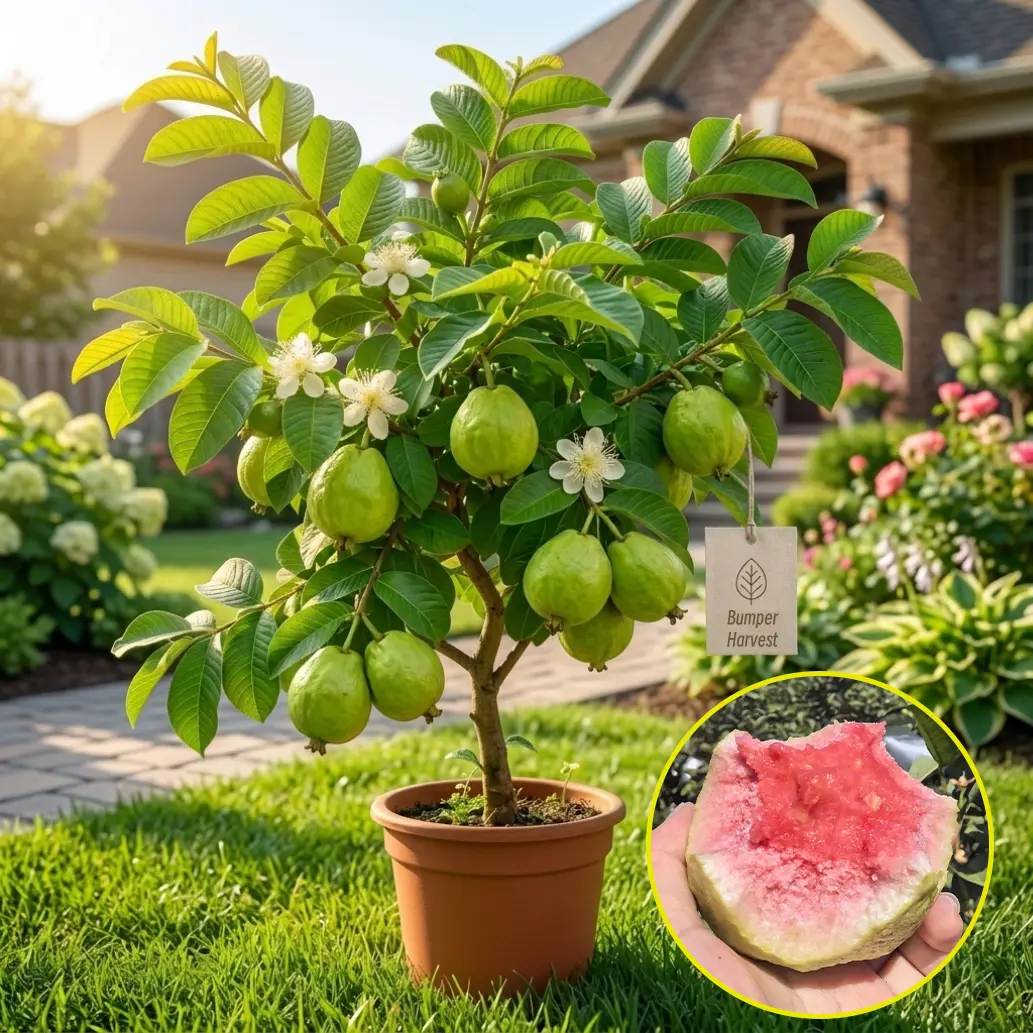 Compact Dwarf Red Flesh Guava Live Fruiting Tree - Potted Plant for Beginners, Full Sun, Pots & Patio - Early Fruit-Producing Aromatic Pink Guava Tree