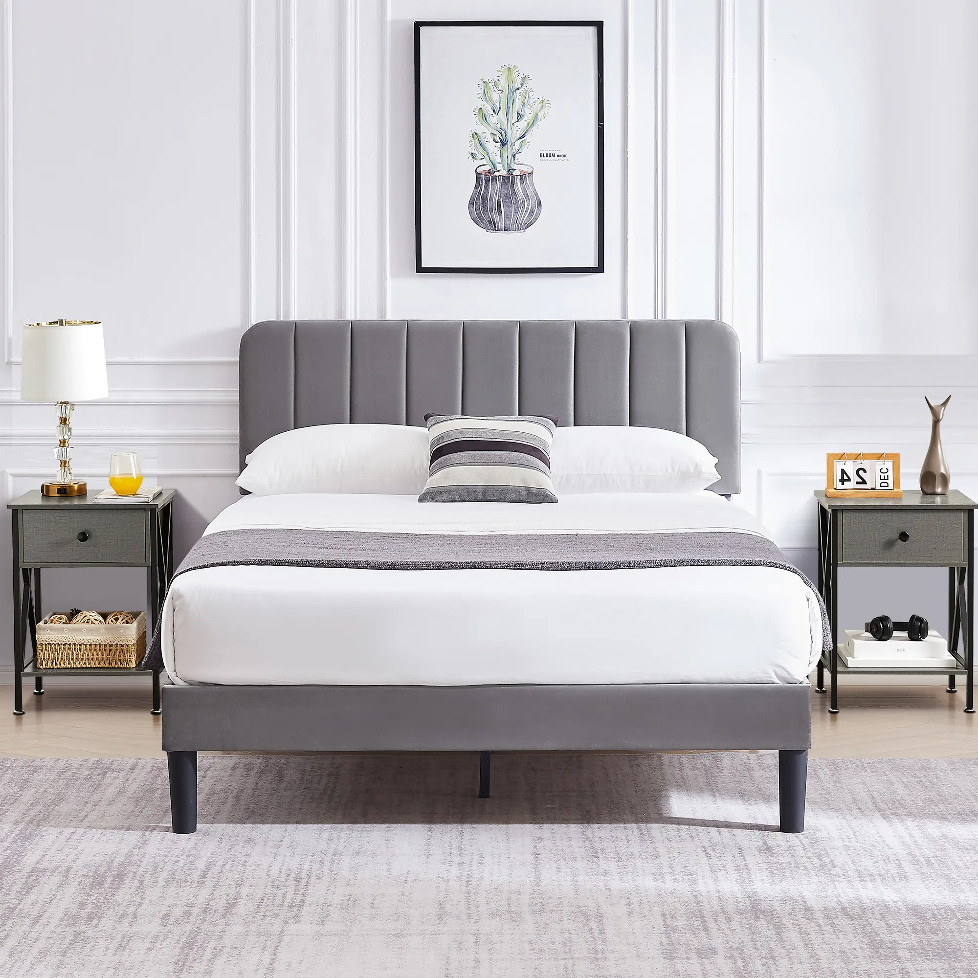 VECELO 3-Piece Queen Size Upholstered Bedroom Furniture Set, Modern Bedroom Set with 2 Nightstands, Wood Slats Support, No Box Spring Needed, Easy Setup Gray Indoor Furniture